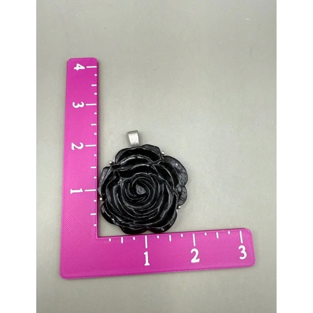 Black Rose Flower Pendant Carved Statement Silver Tone Metal Floral Goth Jewelry
